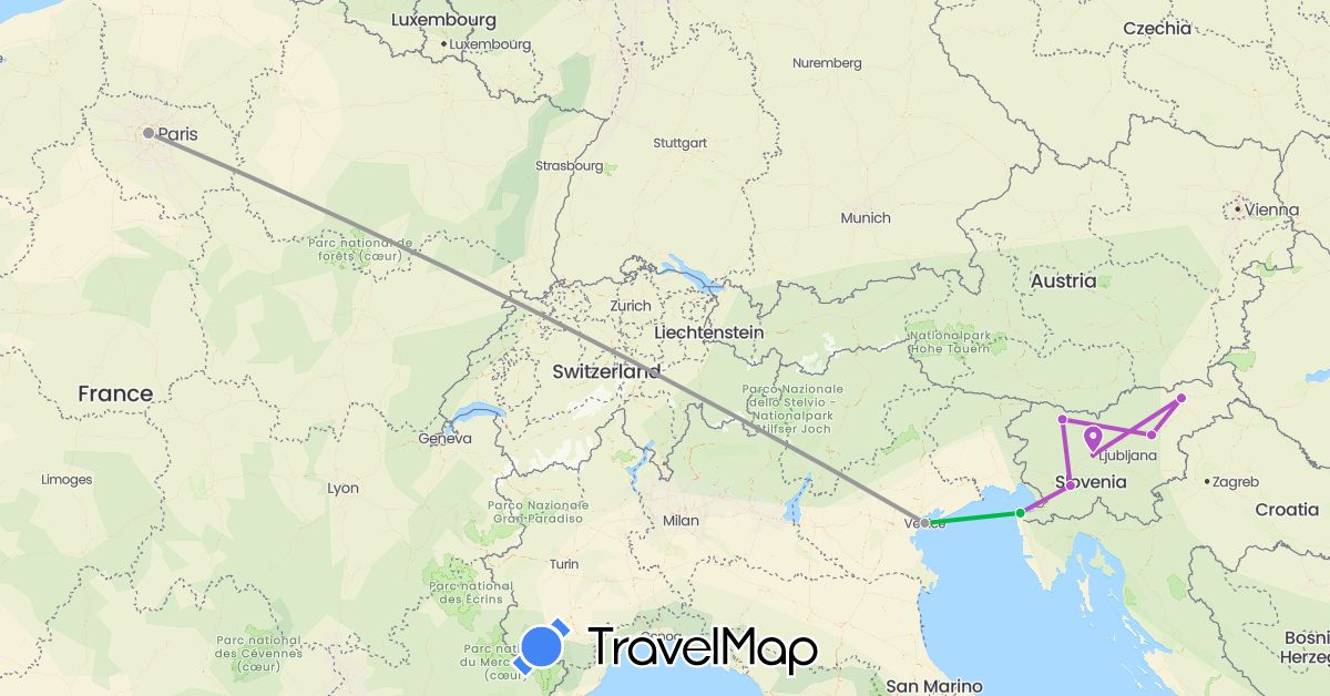 TravelMap itinerary: driving, bus, plane, train in France, Italy, Slovenia (Europe)